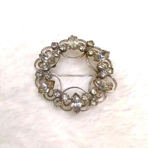 Vintage Sterling Silver and Clear Rhinestone Circle Brooche